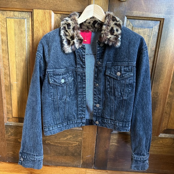 Emory Park grey denim jacket with cheetah fur collar size small - Picture 1 of 5
